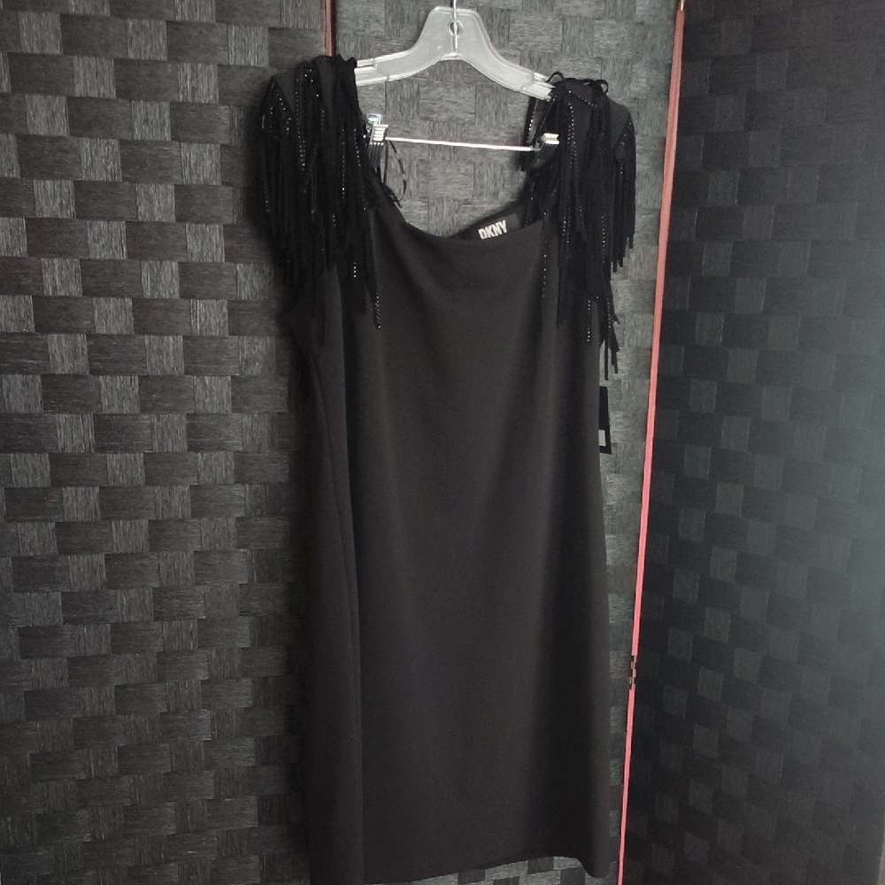 DKNY Black Dress with Fringe Accents